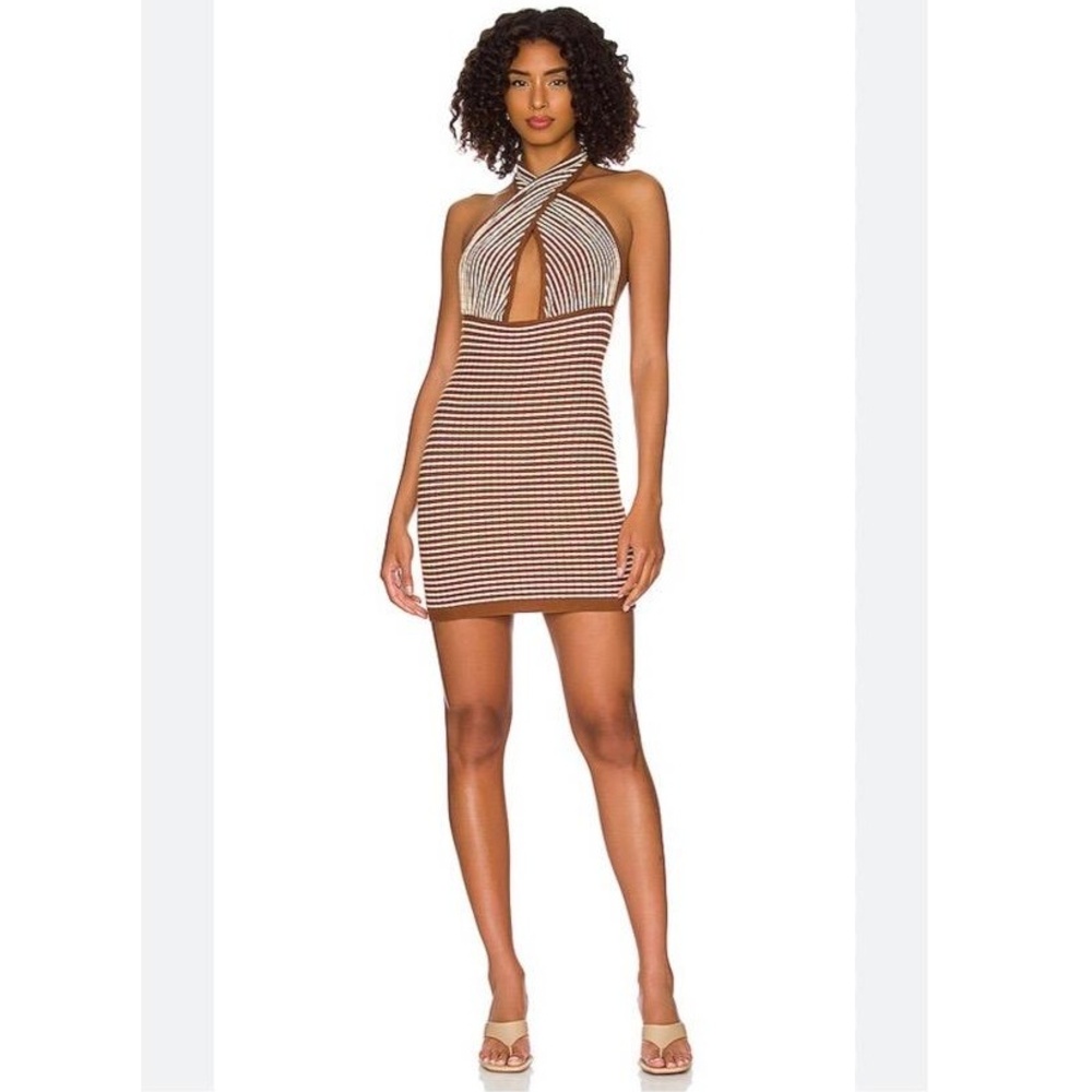Callahan Mimi Mini Dress Womens XS Coco Mocha White Striped Halter Ribbed Summer